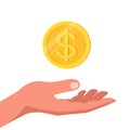 Man`s hand and a gold coin Royalty Free Stock Photo